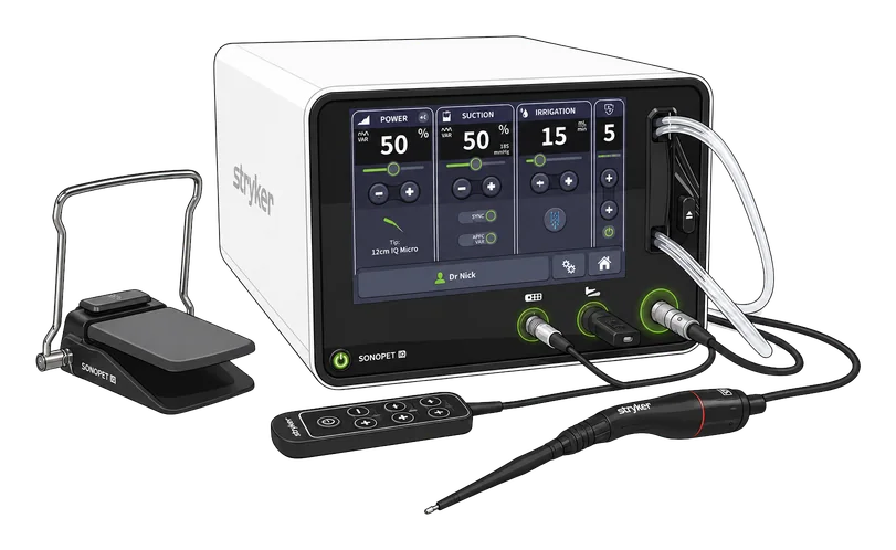 Aspirador ultrasónico Stryker con consola, pedal y pieza de mano